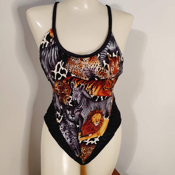 Safari animals Vintage one piece Swimsuit leotard body suit Back Out 80s S/M - Picture 2 of 7